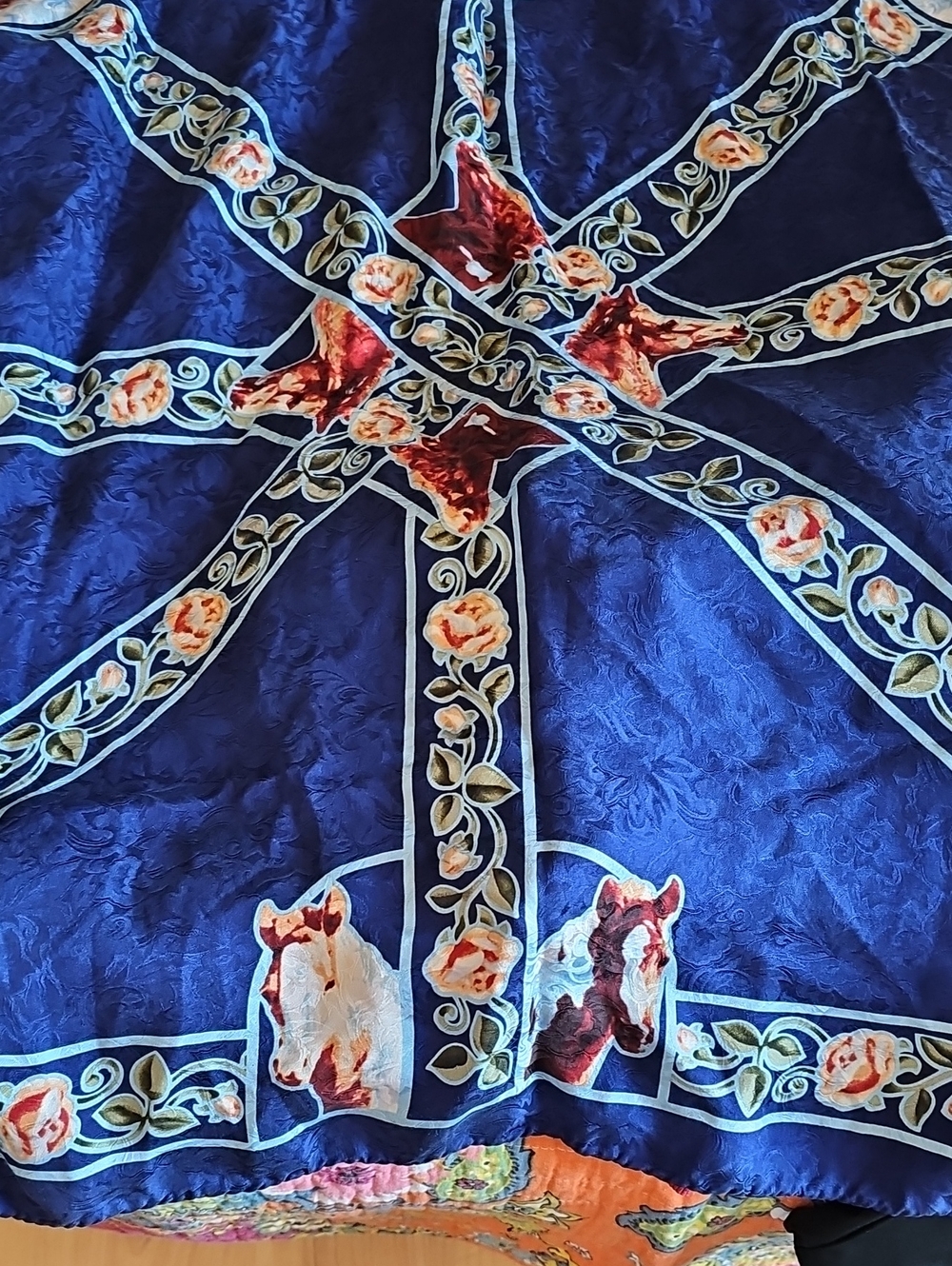 Joelle Smith Equestrian Horse ScNavy Floral & Horse Print Silk-Feel Scarf